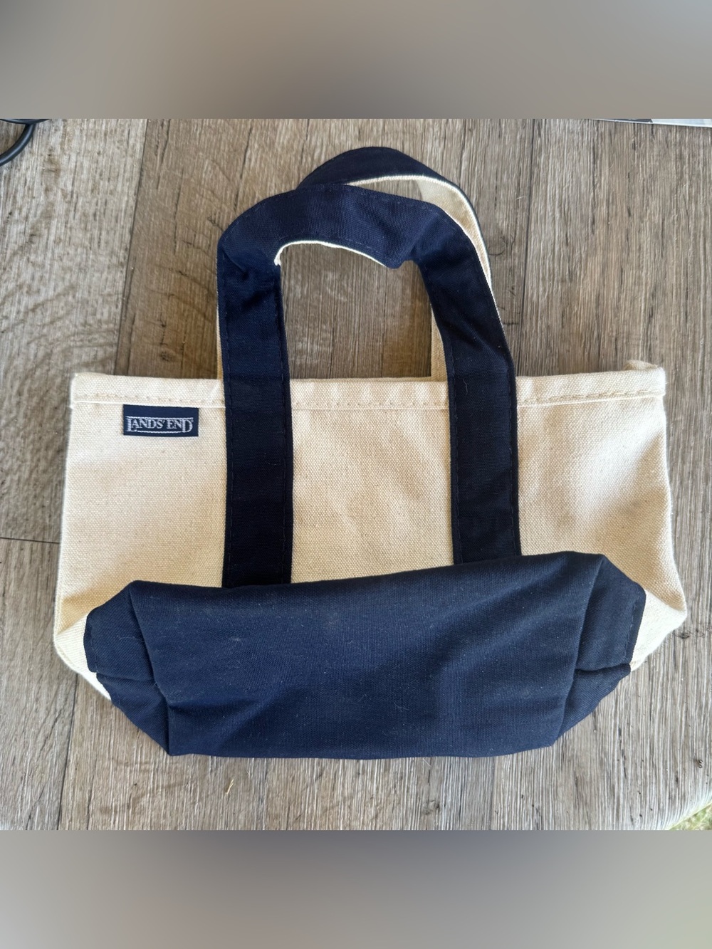 Lands End Canvas Mini Tote Bag With Handles Navy Blue & Natural 12" X 9"